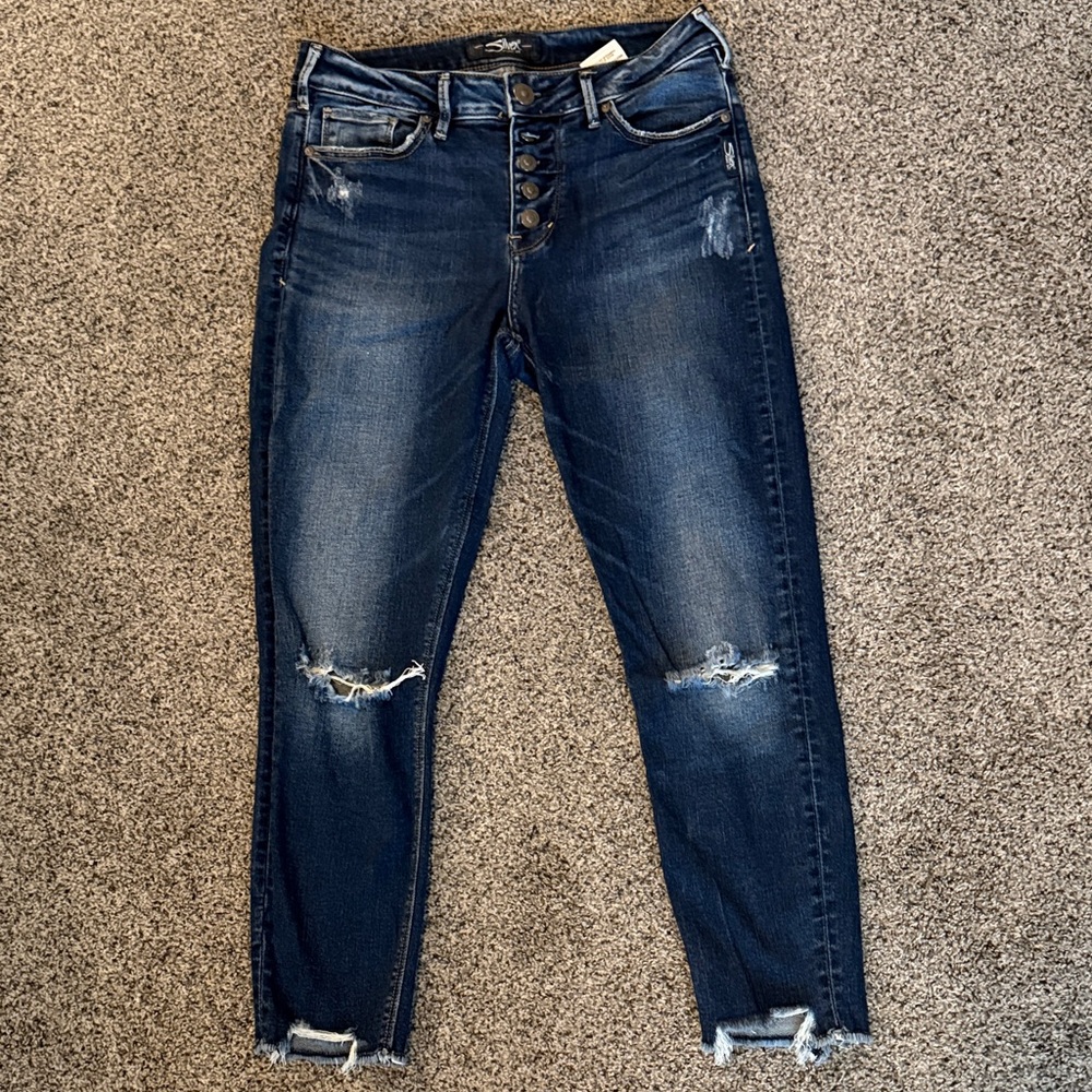 Silver Jeans button fly Dark Blue Distressed Skinny Jeans